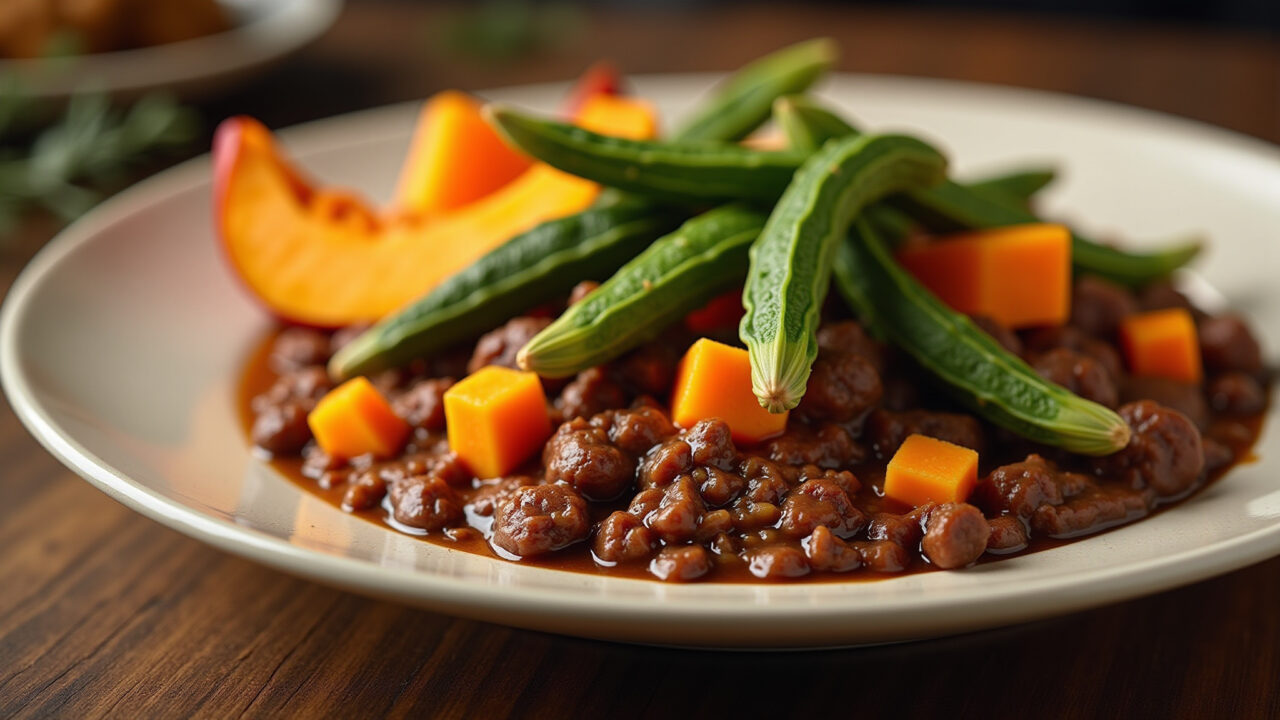 Okra and ground beef with cubed pumpkin, warm colors, professional photography, 8K quality, sharp Quiabo com carne moída e abóbora.