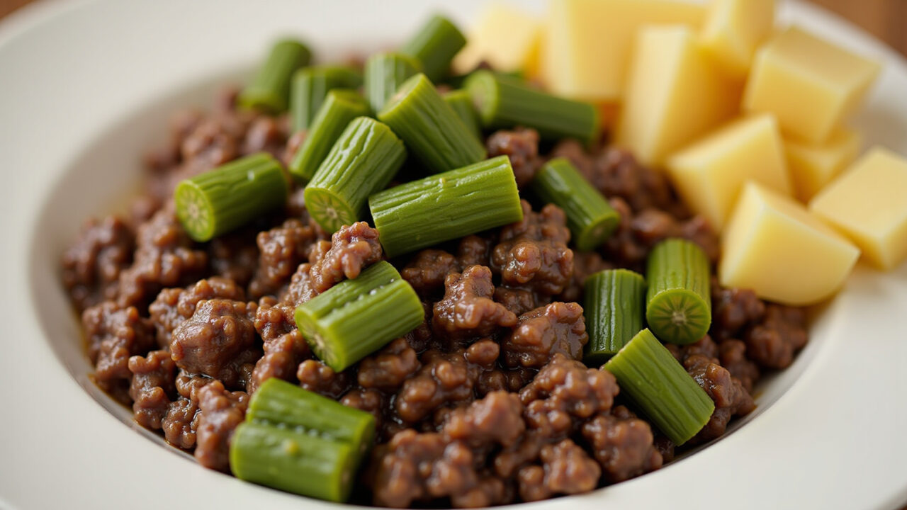 Okra and ground beef with diced potatoes, hearty meal, professional photography, 8K quality, sharp Quiabo com carne moída e batata.