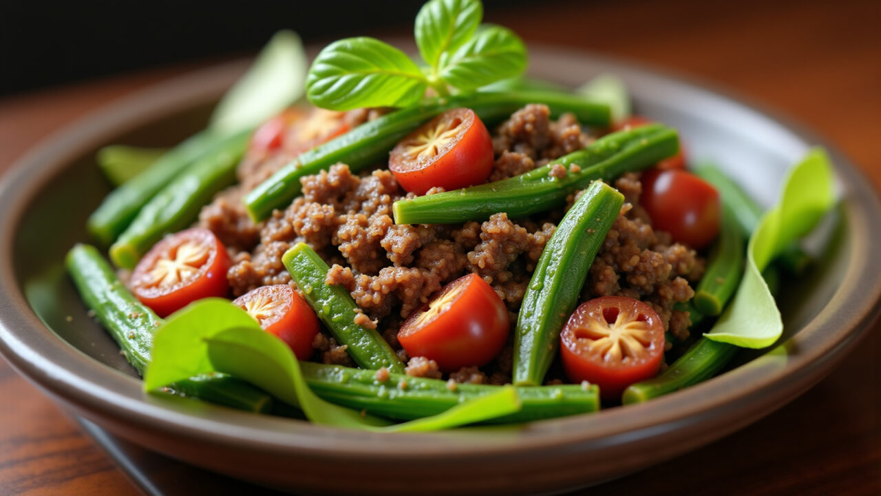 Okra and ground beef with sliced jilo, close-up, professional photography, 8K quality, sharp focus, Quiabo com carne moída e jiló.