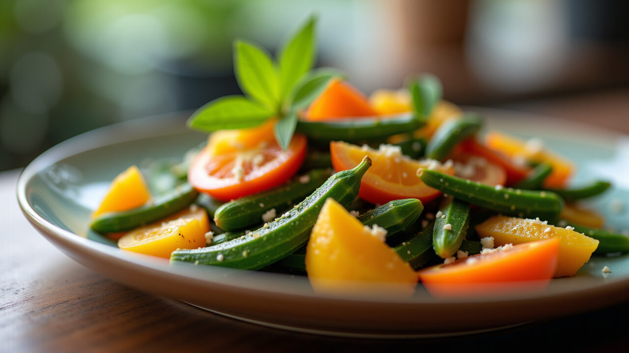 Okra and orange salad, vibrant colors, natural light, healthy eating, professional photography, 8K, Salada de quiabo com laranja, uma combinação refrescante e nutritiva.