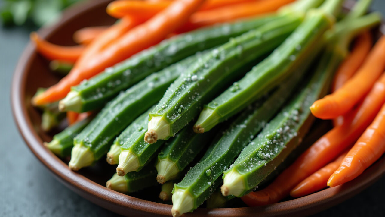 Okra and other fiber-rich foods, healthy digestion, vibrant colors, natural light, 8k quality, Quiabo e outros alimentos ricos em fibras para digestão.