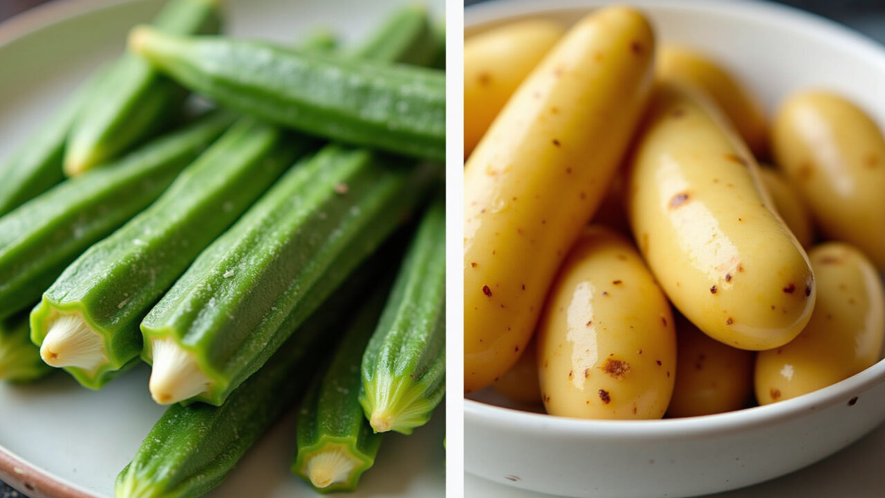 Okra and potato comparison, side by side, highlighting carb difference, natural lighting, 8k, Comparação entre quiabo e batata inglesa.