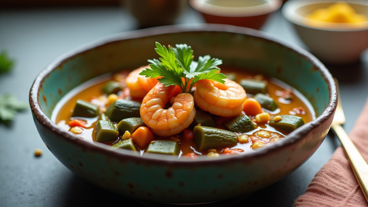 Okra and shrimp bobó, coconut milk, dendê oil, vibrant colors, rustic bowl, natural light, 8K, Bobó de quiabo com camarão, delícia sofisticada.