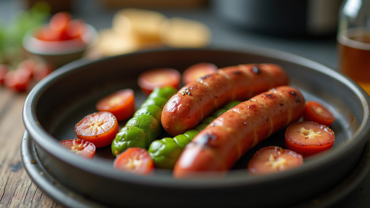 Okra and sliced sausage in air fryer basket, close-up, spicy sausage, kitchen counter, natural Quiabo com linguiça sendo preparado na airfryer.