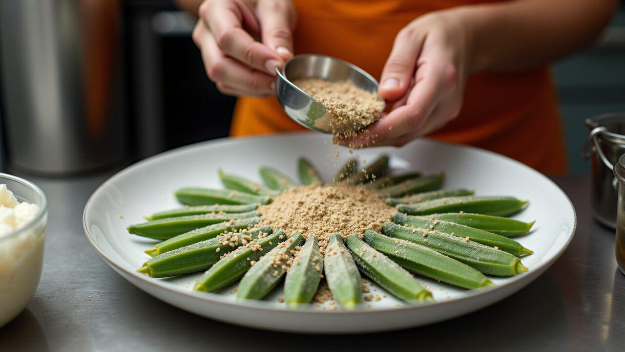 Okra being coated in seasoned flour, hands preparing food, kitchen setting, natural light, 8k, Quiabo sendo empanado com farinha temperada.