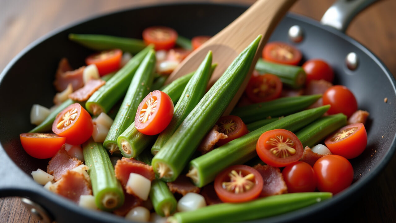 Okra being combined with tomatoes, onions, and bacon in a pan, Brazilian cuisine, professional Quiabo refogado com bacon e tomate.