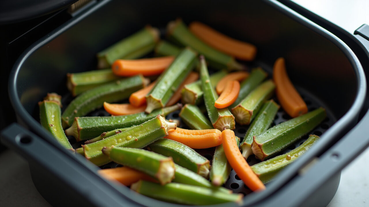 Okra being cooked in an air fryer, golden and crispy, modern Brazilian kitchen, professional Quiabo na airfryer: rápido e prático.