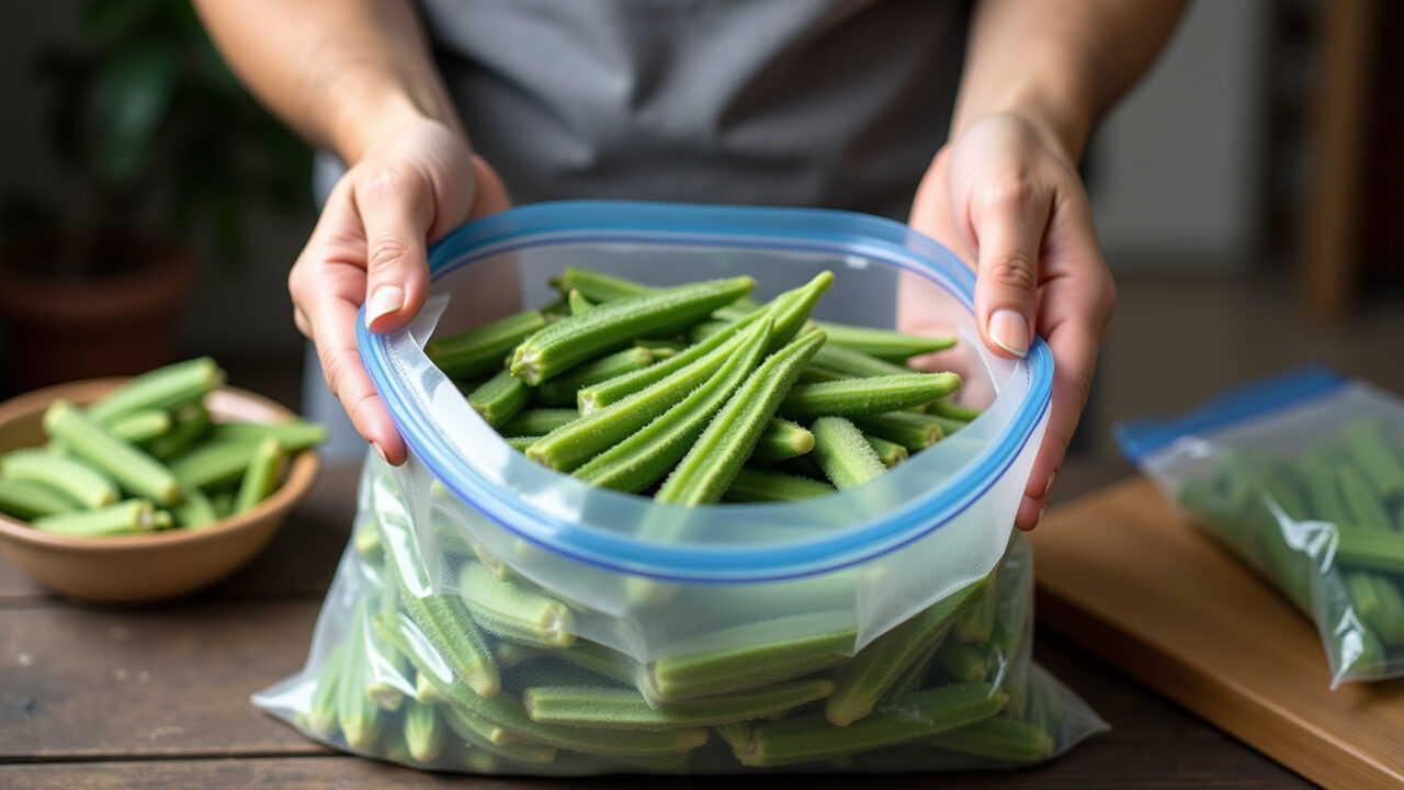 Okra being packaged in freezer bags, professional photography, 8K quality, sharp focus, natural Quiabo embalado em sacos para congelar.