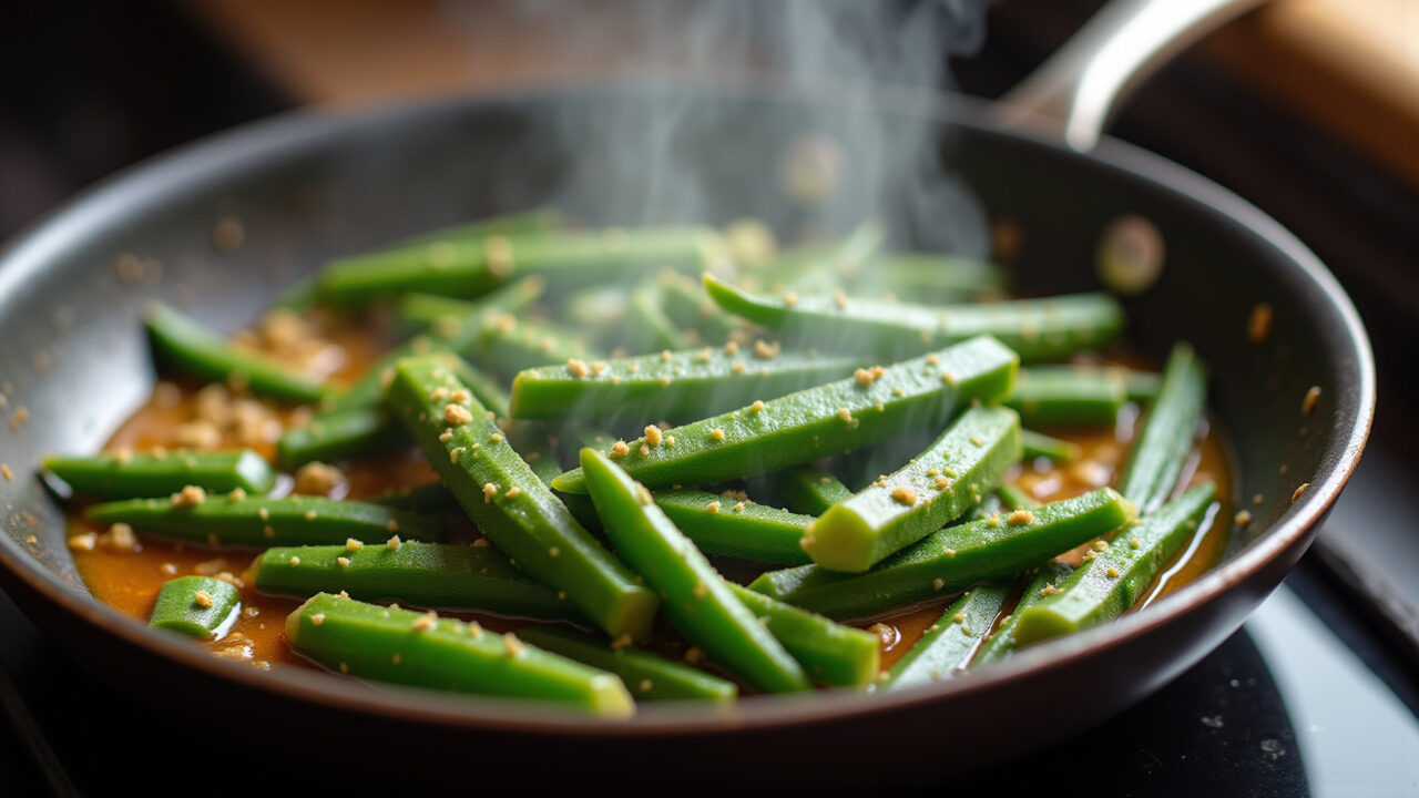Okra being stir-fried in a hot pan with vibrant steam, Brazilian cuisine, professional photography, Quiabo sendo refogado em fogo alto.