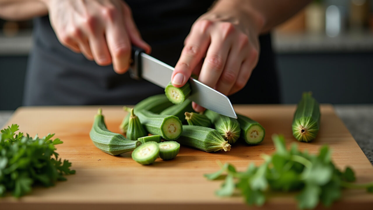 Okra being strategically cut on a wooden board in a Brazilian kitchen, diagonal cut, professional Quiabo cortado na diagonal em pedaços maiores.