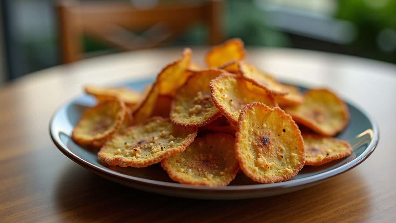 Okra chips, crispy, seasoned, plate on wooden table, natural light, 8K, sharp focus, healthy snack, Chips de quiabo.