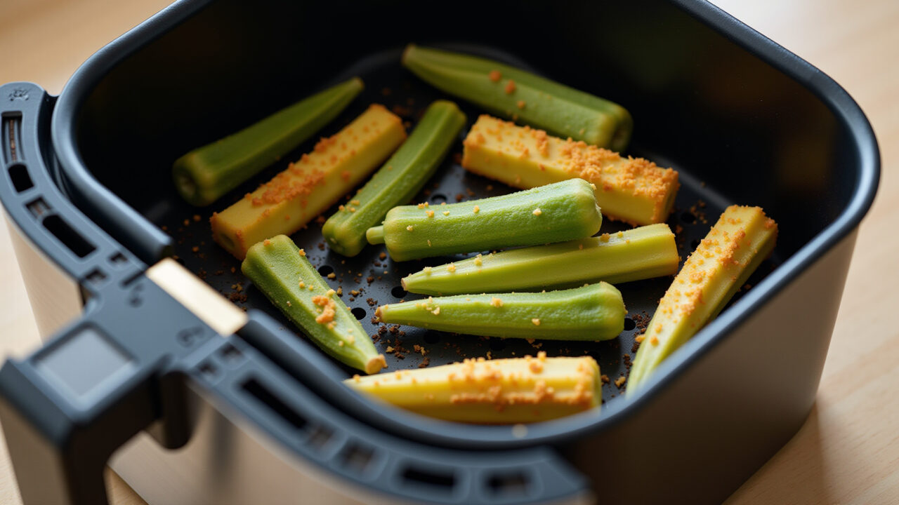 Okra frying in air fryer, close-up, golden brown, kitchen counter, modern appliance, 8k, Quiabo frito na airfryer.