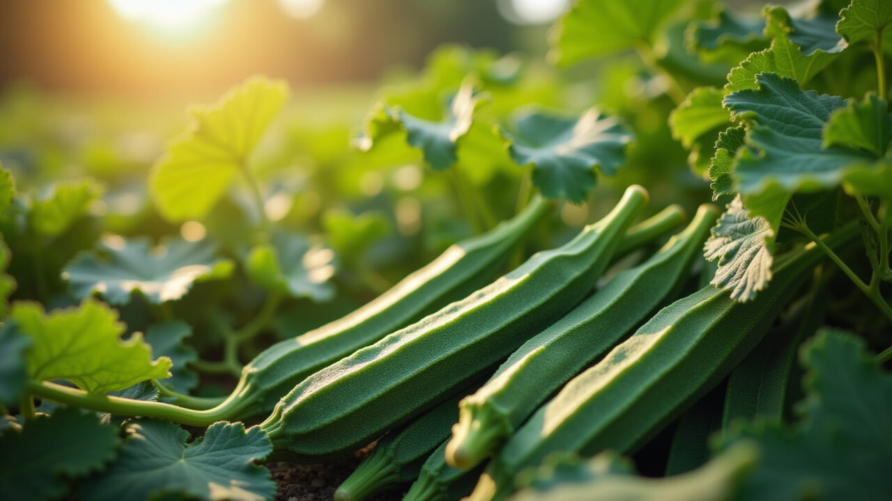 Okra harvest in a vibrant Brazilian garden, sunlight, healthy eating, professional photography, 8K Colheita de quiabo fresco em horta brasileira ensolarada.