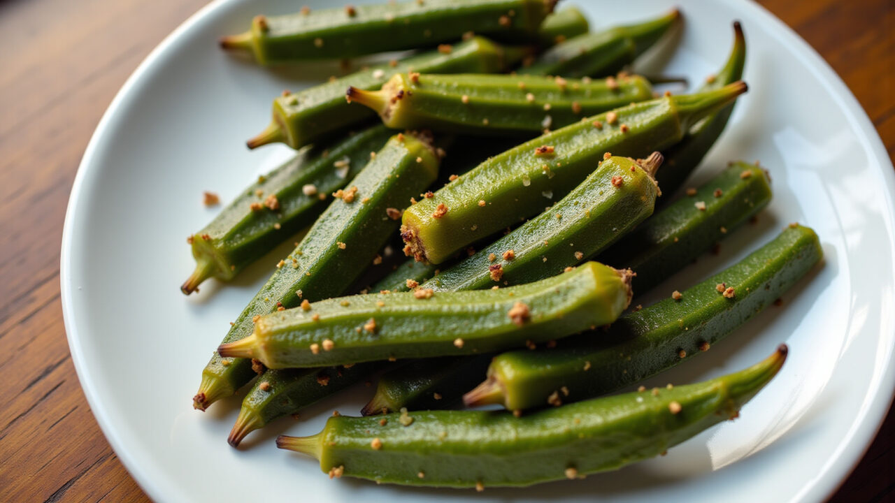 Okra in air fryer, seasoned with olive oil, salt, pepper, golden brown, plate on wooden table, Quiabo na airfryer.