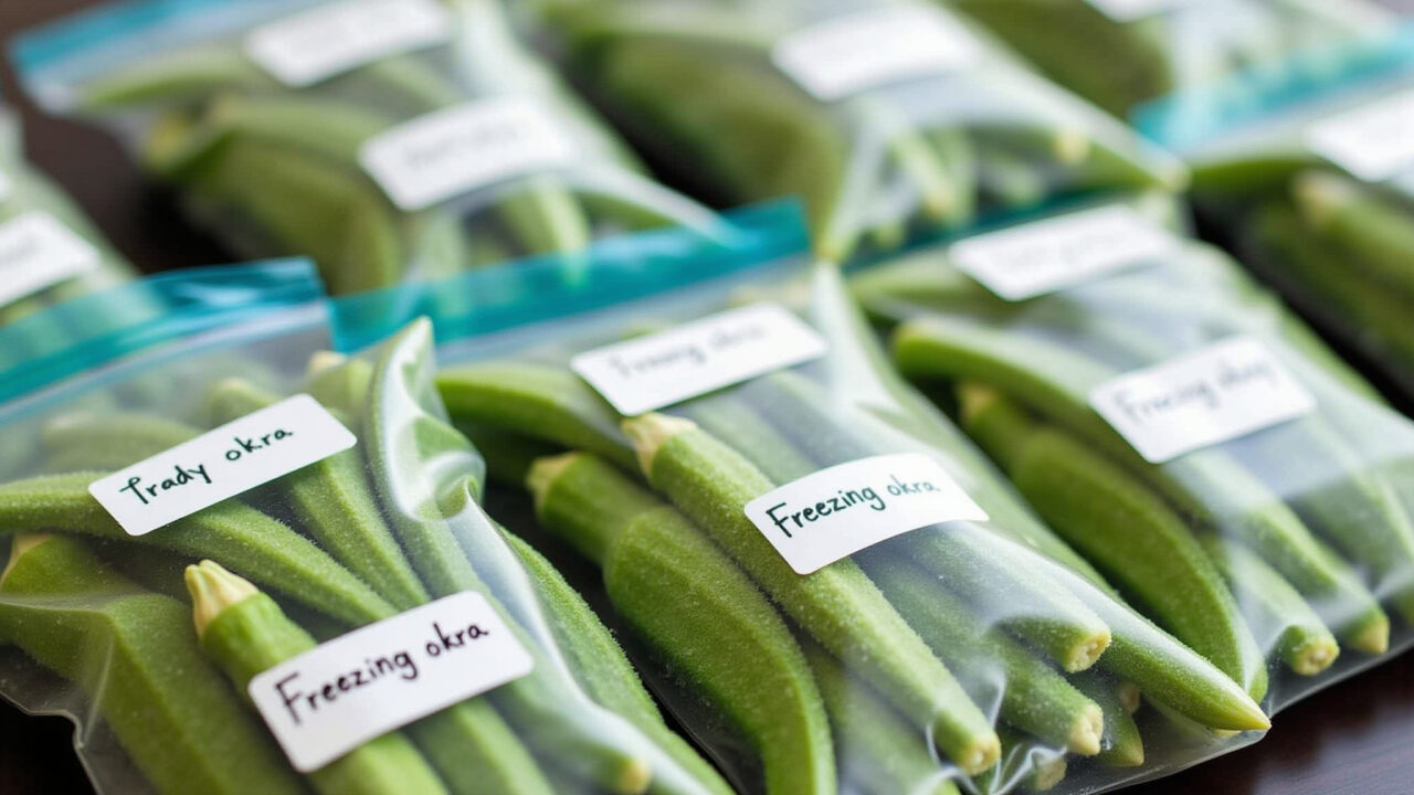 Okra in freezer bags with labels, organized, professional photography, 8K quality, sharp focus. Quiabo congelado em sacos com etiqueta.