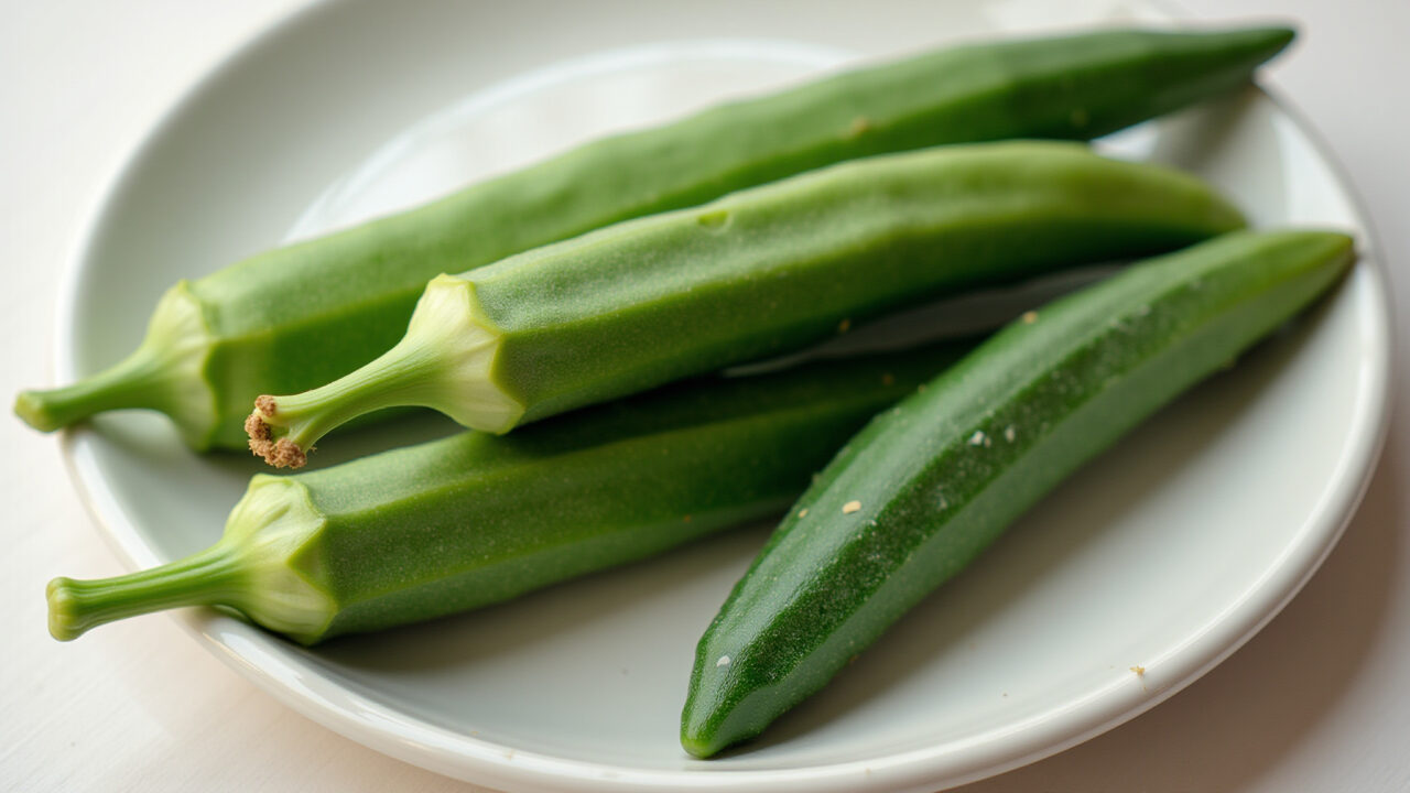 Okra in fridge, past 5 days, slightly wilted. Natural lighting, 8K quality, lifestyle photography, Quiabo na geladeira: tempo de armazenamento excedido
