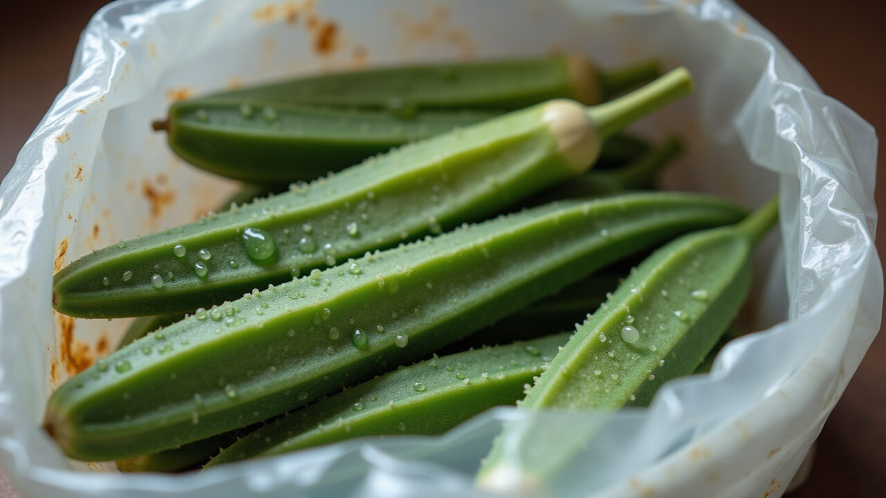 Okra in plastic bag, condensation, mold. Illustrative, 8K quality, focus on storage, natural Armazenamento inadequado: quiabo em saco plástico com umidade