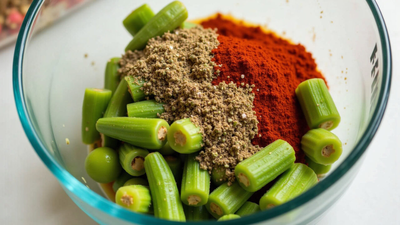 Okra marinating in spices (garlic powder, paprika, oregano) in a glass bowl, vibrant colors, Quiabo marinado em temperos antes de ir para a airfryer.