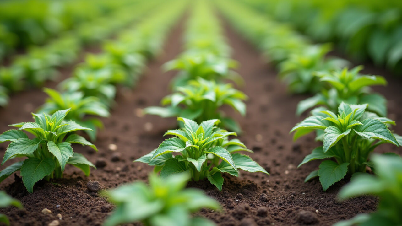 Okra plants in rows, showing ideal spacing in a sunny Brazilian garden. Professional photography, Espaçamento ideal entre plantas de quiabo.