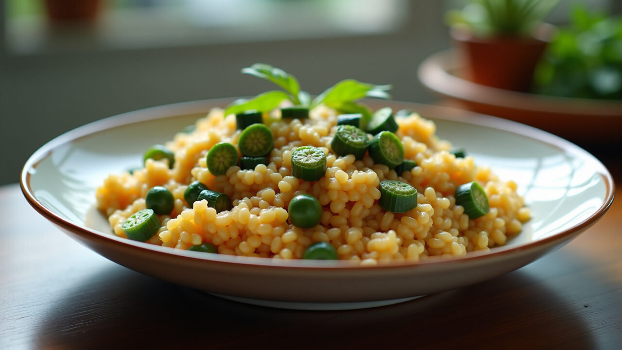 Okra replacing rice in a low carb risotto, Brazilian kitchen, natural light, 8k, professional Quiabo substituindo arroz em risoto low carb.