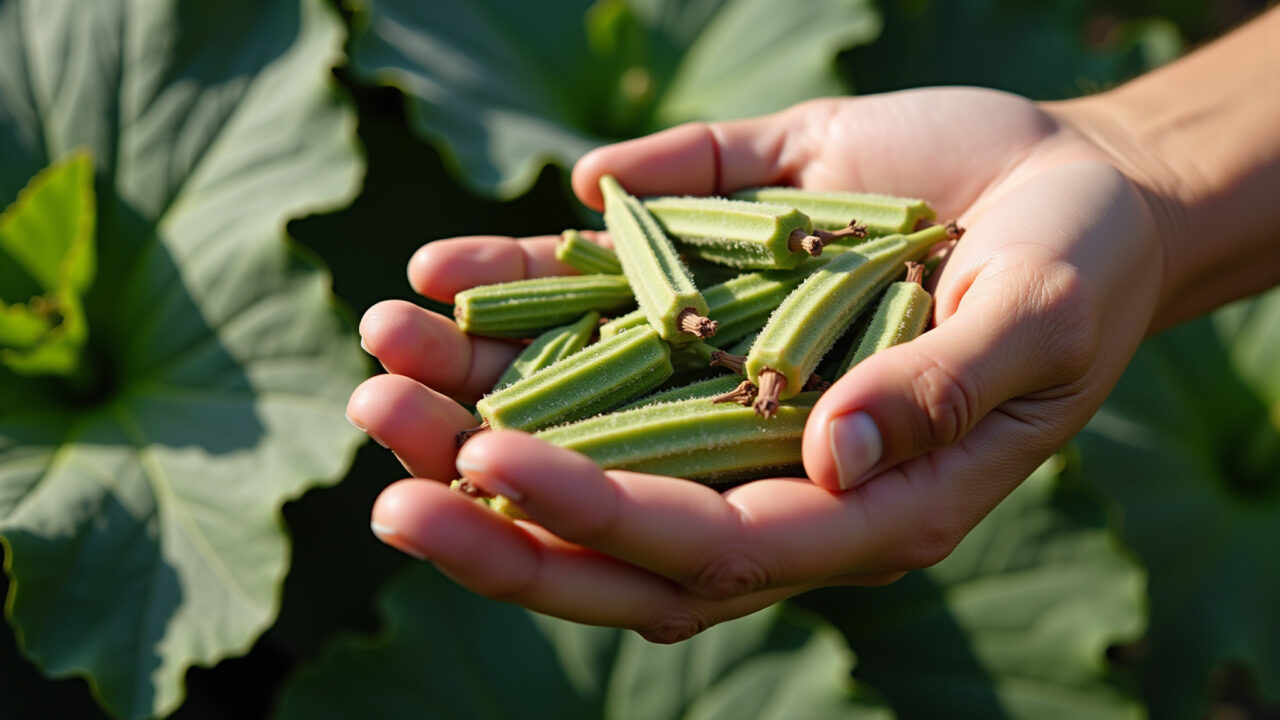 Okra seeds being collected from dried pods. Natural lighting, 8K quality, sharp focus, commercial Coletando sementes de quiabo para novos plantios.