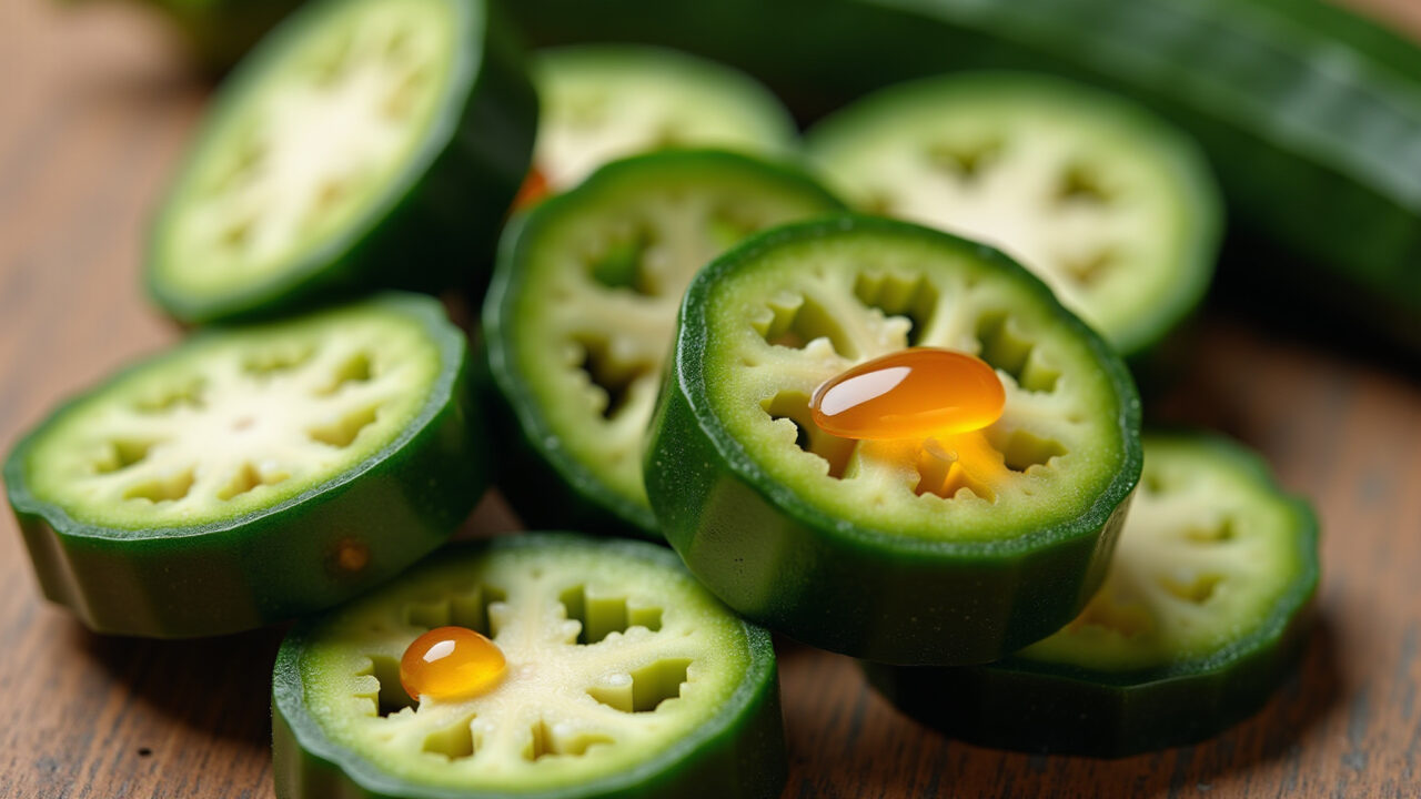 Okra slices with vitamin C drops, vibrant colors, healthy lifestyle, natural light, 8k quality, Quiabo em rodelas com gotas de vitamina C, cores vibrantes.