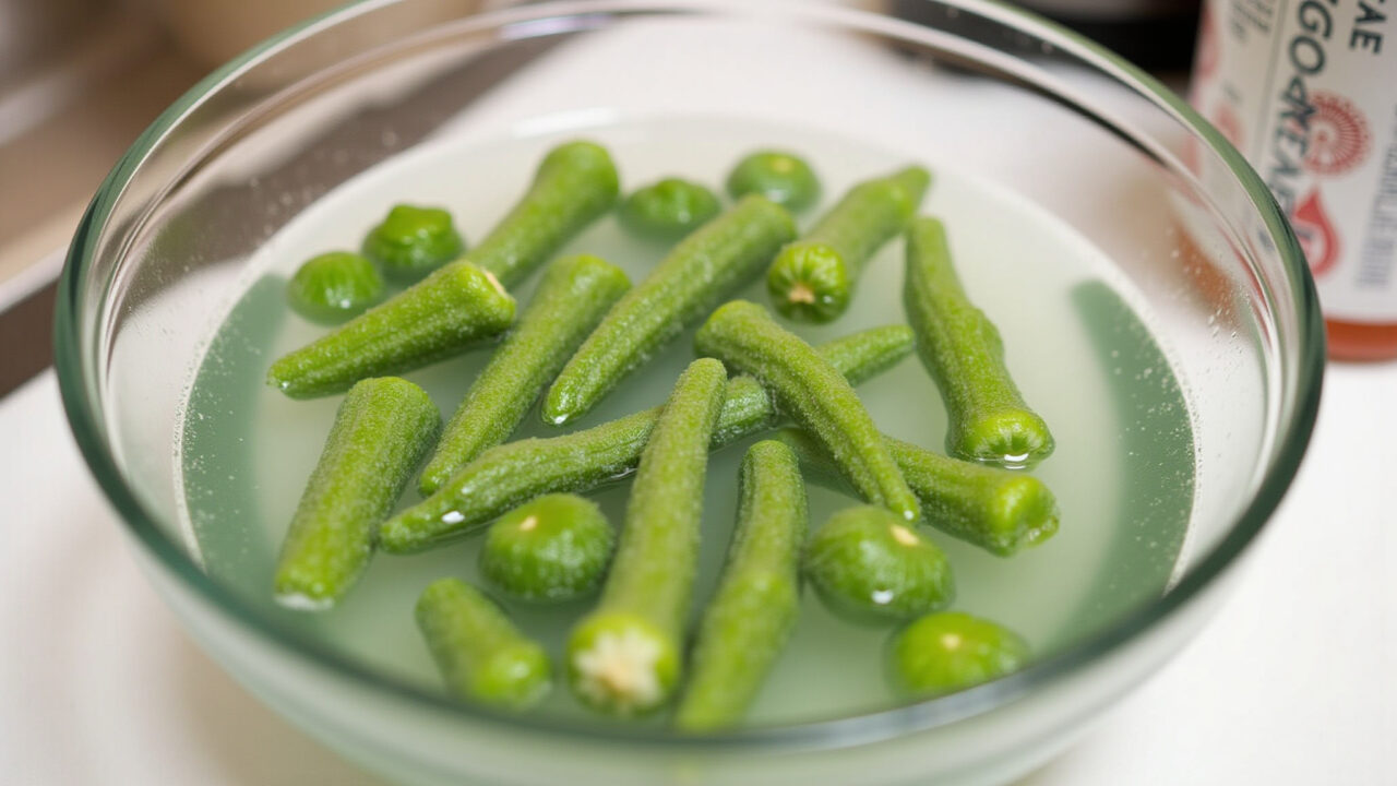 Okra soaking in water with vinegar, glass bowl, kitchen setting, natural light, 8k, professional Quiabo de molho em água com vinagre.