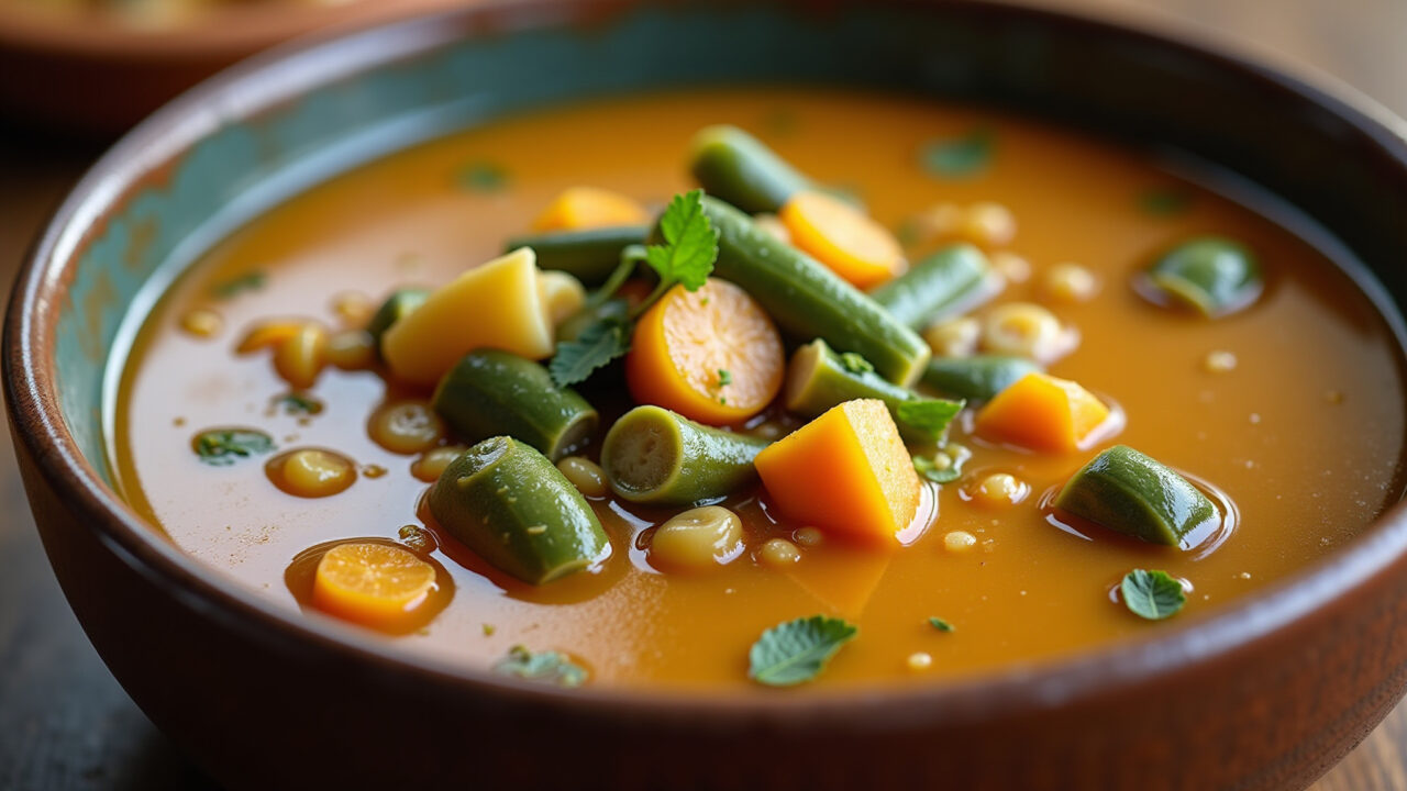 Okra soup, creamy texture, vegetables, rustic bowl, warm light, 8K quality, sharp focus, comfort Sopa de quiabo.
