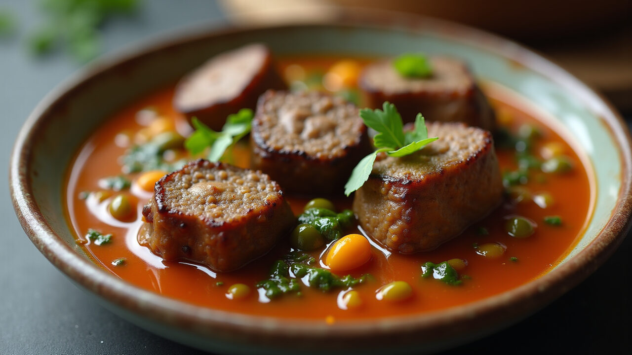 Okra stew with lamb, Middle Eastern cuisine, aromatic herbs, professional photography, 8K quality, Ensopado de quiabo com cordeiro, culinária do Oriente Médio.