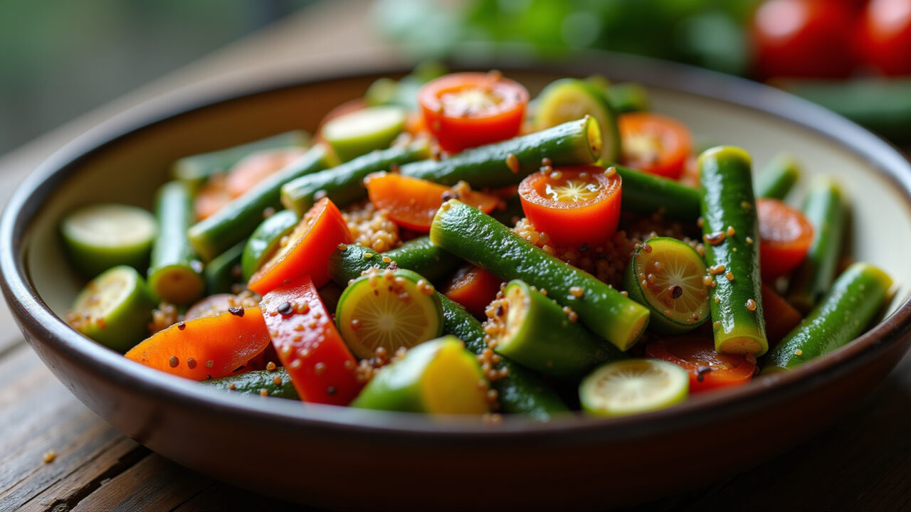 Okra stir-fry close-up, vibrant colors, fresh ingredients, rustic Brazilian kitchen, natural light, Quiabo refogado simples, pronto para servir.