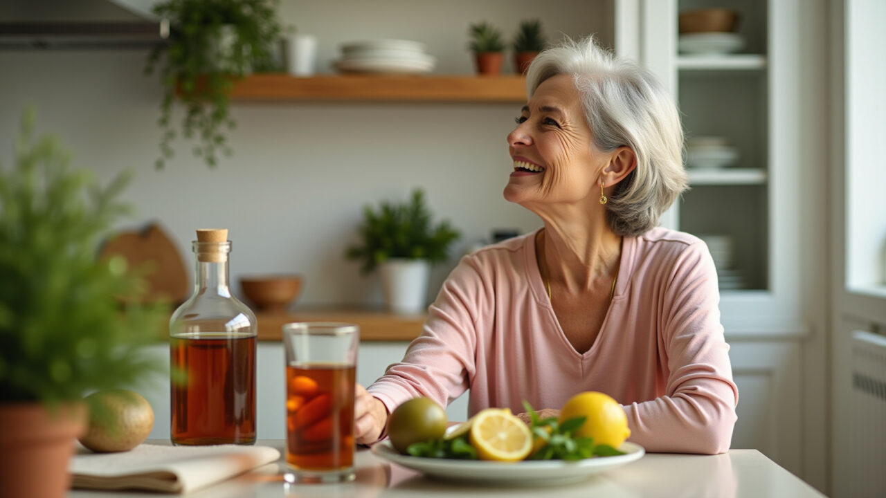 Olive leaf tea in a glass, Mediterranean-inspired setting, Brazilian woman in her 50s enjoying a Copo de chá de oliveira.
