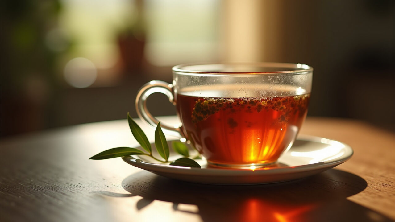 Olive leaf tea, leaves, warm light, cozy setting, professional photography, 8k, Brazilian home. Chá de oliveira, controle da pressão arterial.