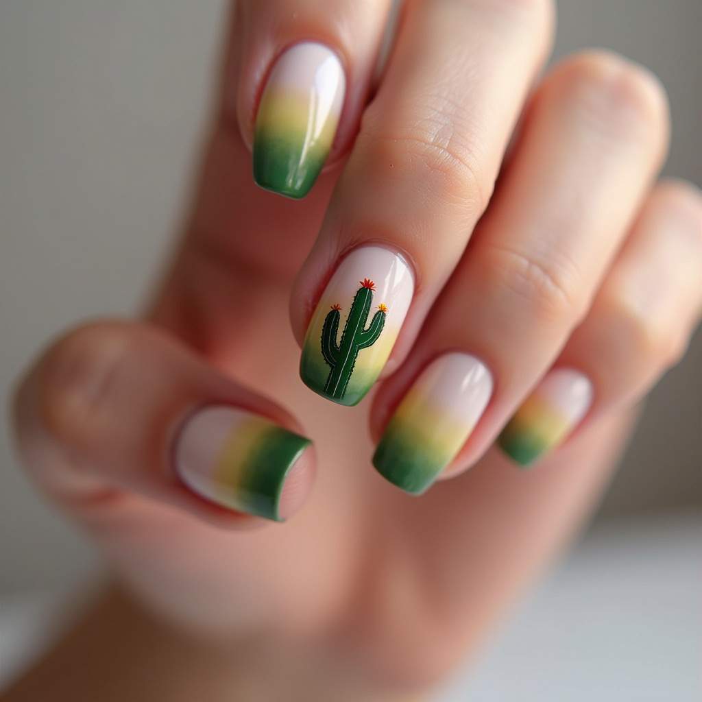Ombre cactus nail art, gradient effect, close-up, original, professional photography, 8K quality, Unha decorada cactos degradê.