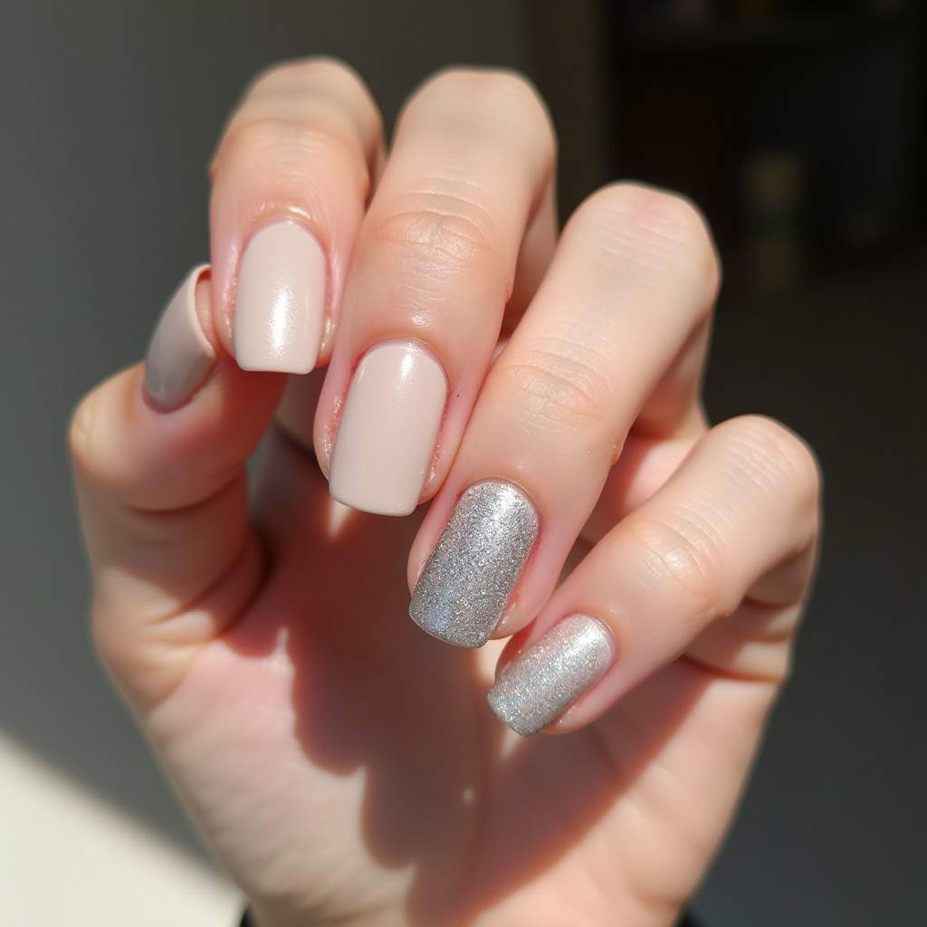 One accent nail on a hand painted with a neutral color, the accent nail covered in silver glitter, Unha filha única com glitter prata.