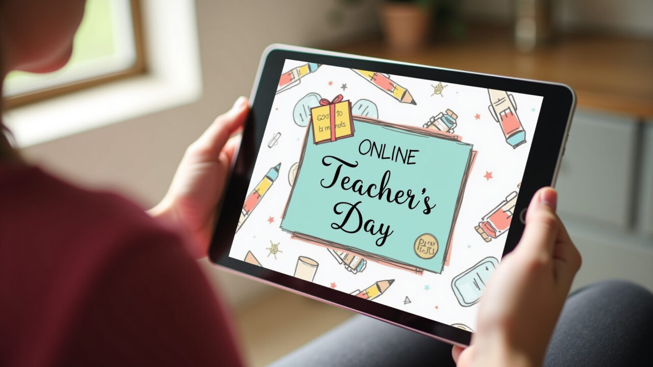 Online teacher's day gift, e-book on a tablet, virtual gift card, 8K quality, sharp focus, Lembrancinha online para o Dia do Professor: e-book inspirador.