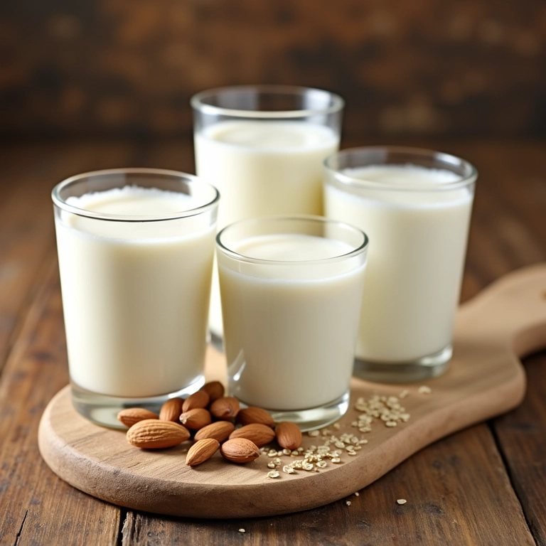 Opções de leite para um chai cremoso: vaca, amêndoa, coco e aveia.