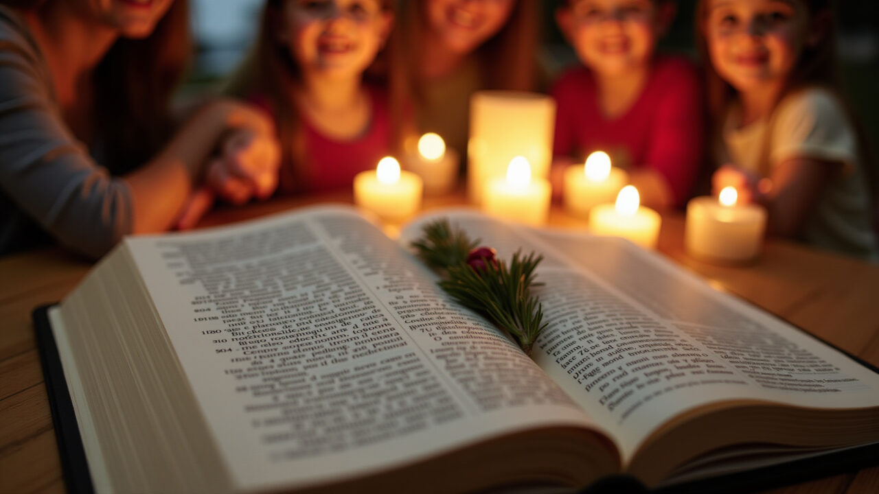 Open Bible with a Christmas verse, candles, warm light, festive setting, Brazilian family in Bíblia aberta com versículo natalino e família brasileira ao fundo.