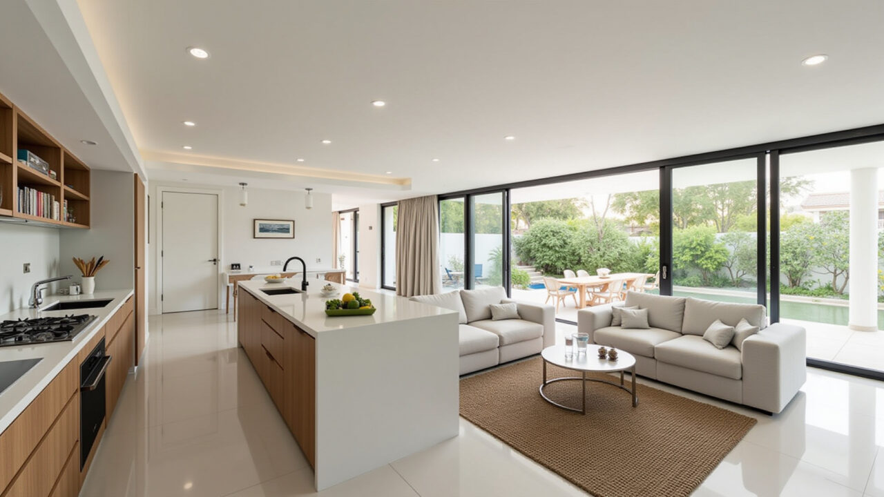 Open concept living space, integrated kitchen, minimalist design, neutral colors, natural light, Espaços amplos e integrados na decoração clean.