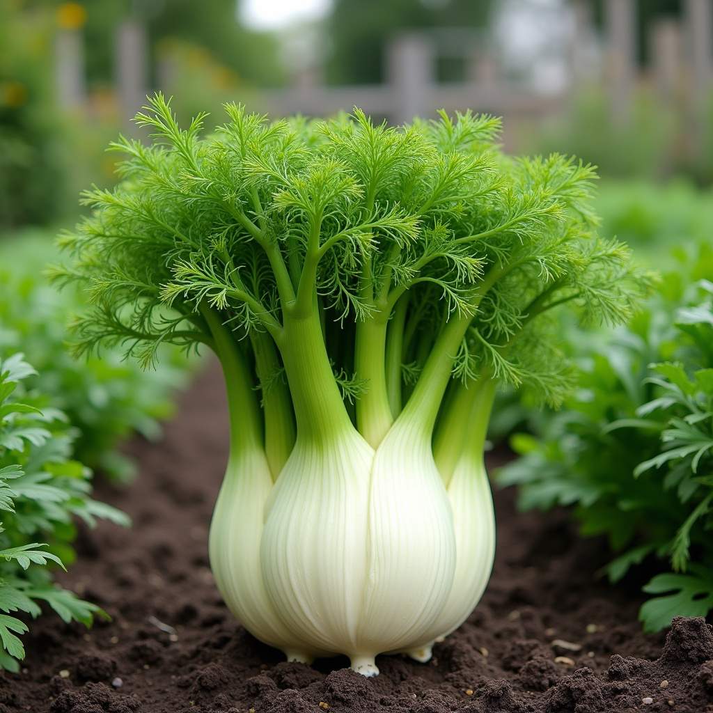 Organic fennel growing in a garden, no pesticides, natural light, 8K quality, sharp focus, Erva doce orgânica: cultivo natural.