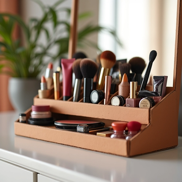 Organizador de Maquiagem Artesanal Faça o Seu com Caixa de Papelão Organizador de maquiagem artesanal feito de papelão com decoração vibrante.