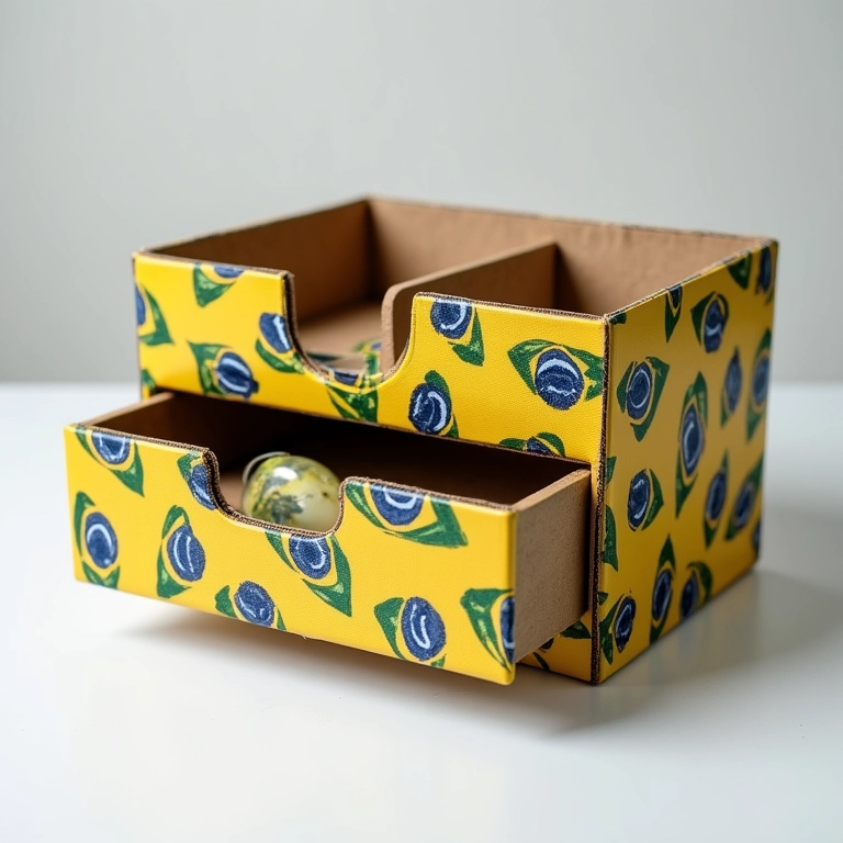 Organizador de maquiagem de papelão com bordas reforçadas e camada protetora.