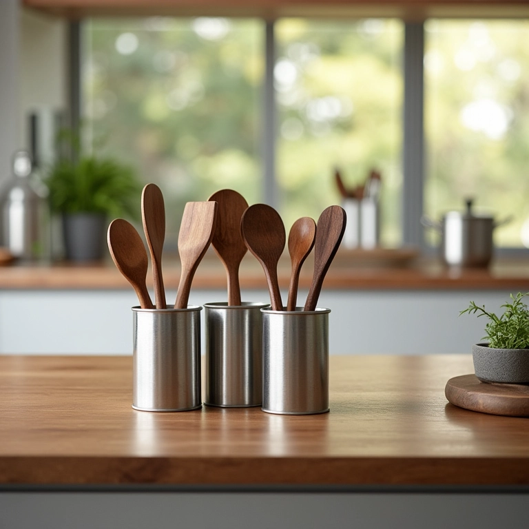 Organizadores criativos de lata para utensílios de cozinha.