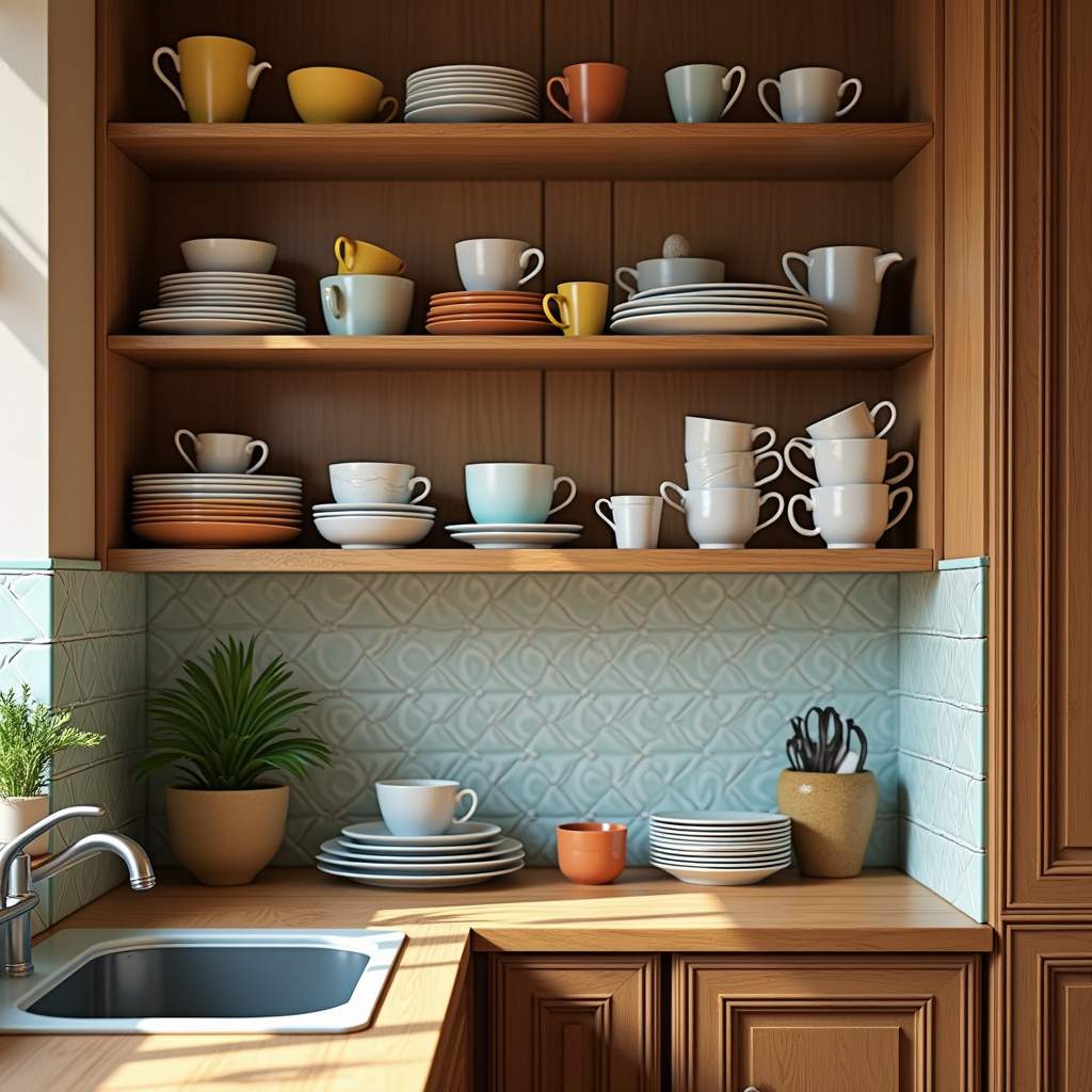 Organized kitchen cabinet, colorful Brazilian style, various cups and saucers, natural light, Armário de cozinha organizado com xícaras e pires coloridos.