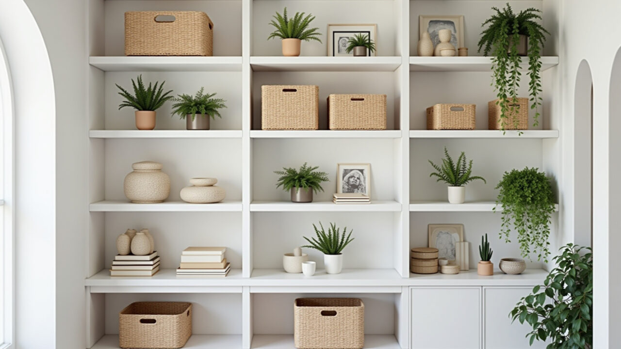 Organized shelves, minimalist decor, neutral tones, storage solutions, decluttered space, plants, Prateleiras organizadas em um ambiente clean e minimalista.