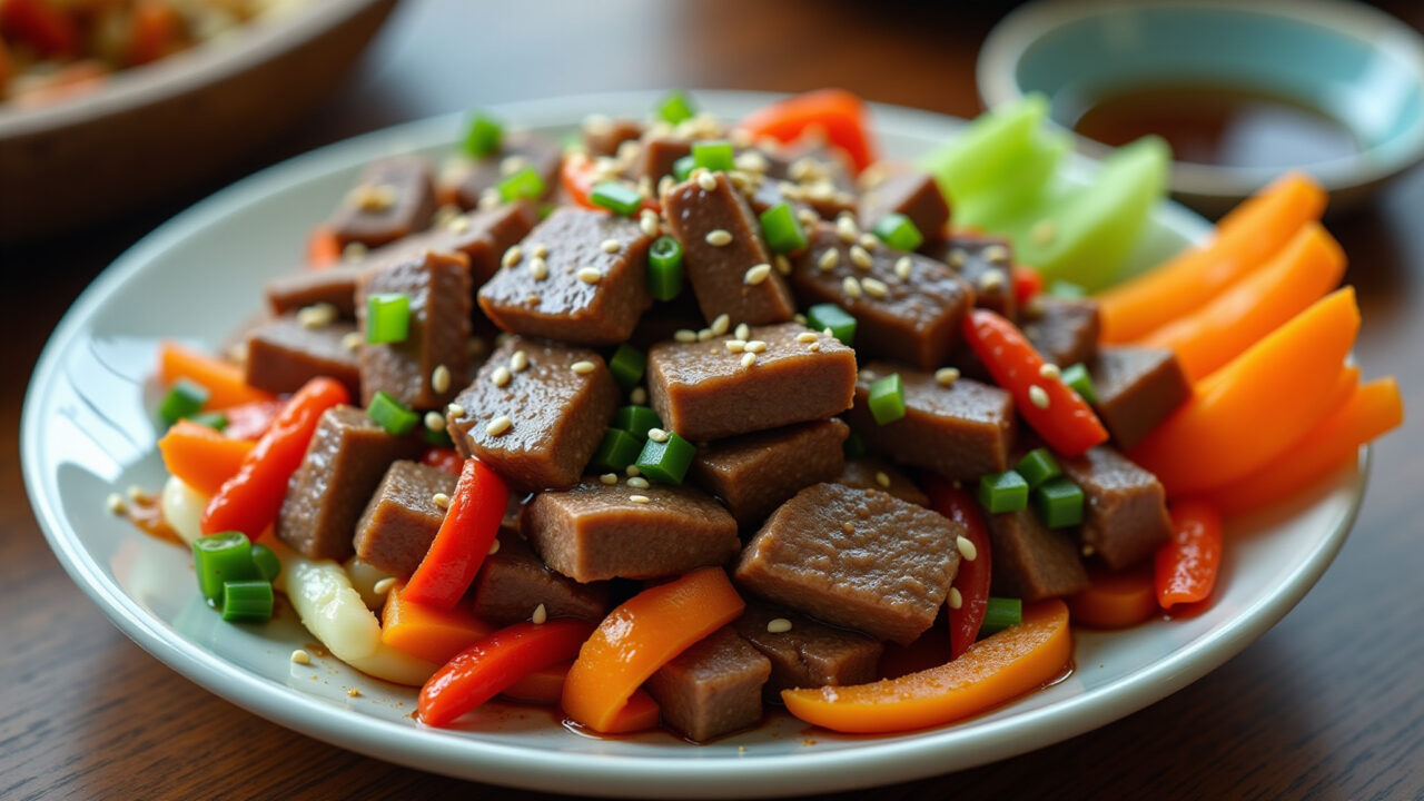 Oriental beef with stir-fried vegetables, soy sauce, sesame seeds, professional photography, 8k Bife oriental com legumes salteados.