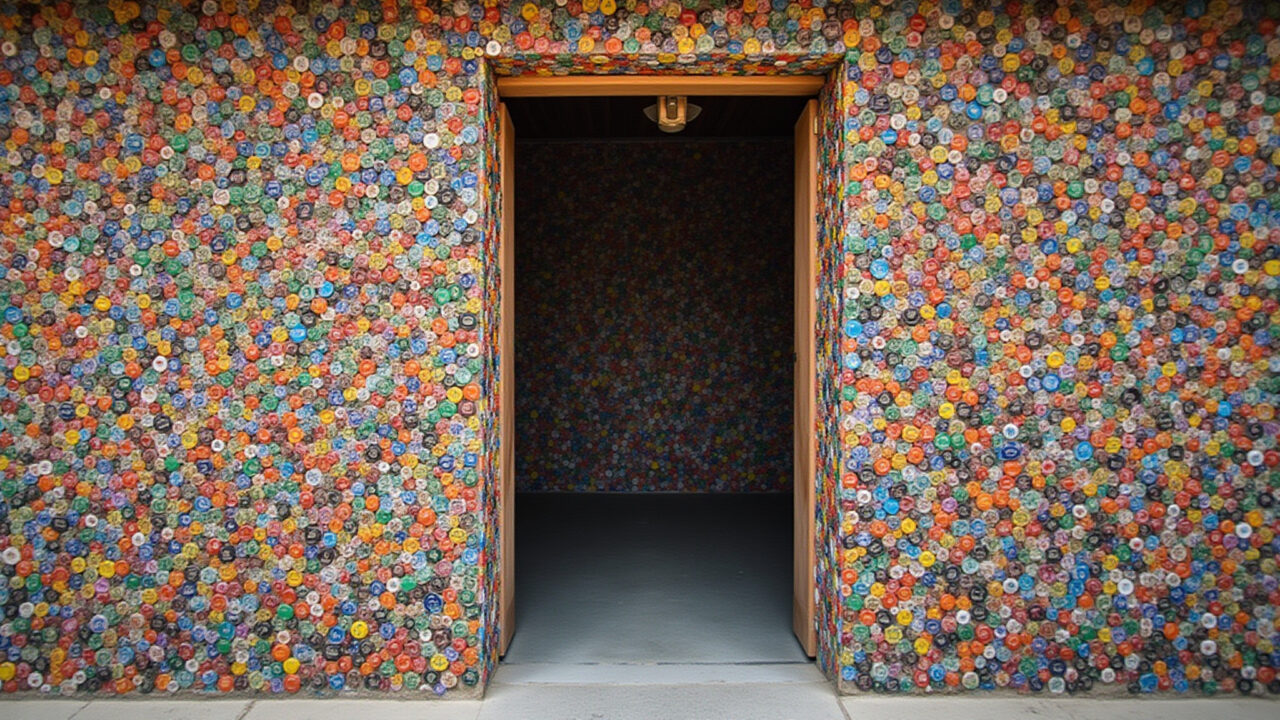 Original bottle cap curtain, colorful design, recycled art, Brazilian doorway, 8K quality, sharp Cortina original feita com tampinhas de garrafa coloridas.