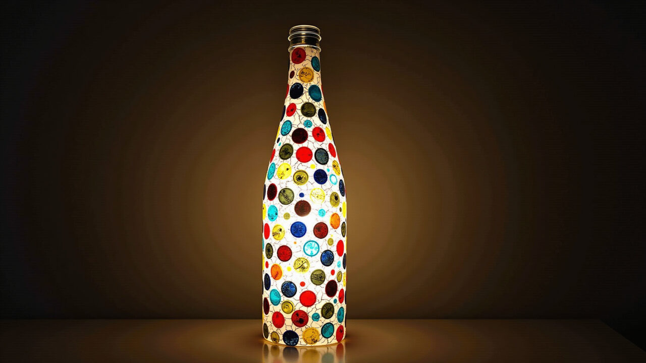 Original PET bottle lamp with coffee capsules, colorful mosaic, Brazilian design, bright light, 8K Luminária PET com cápsulas de café, mosaico colorido e design original.
