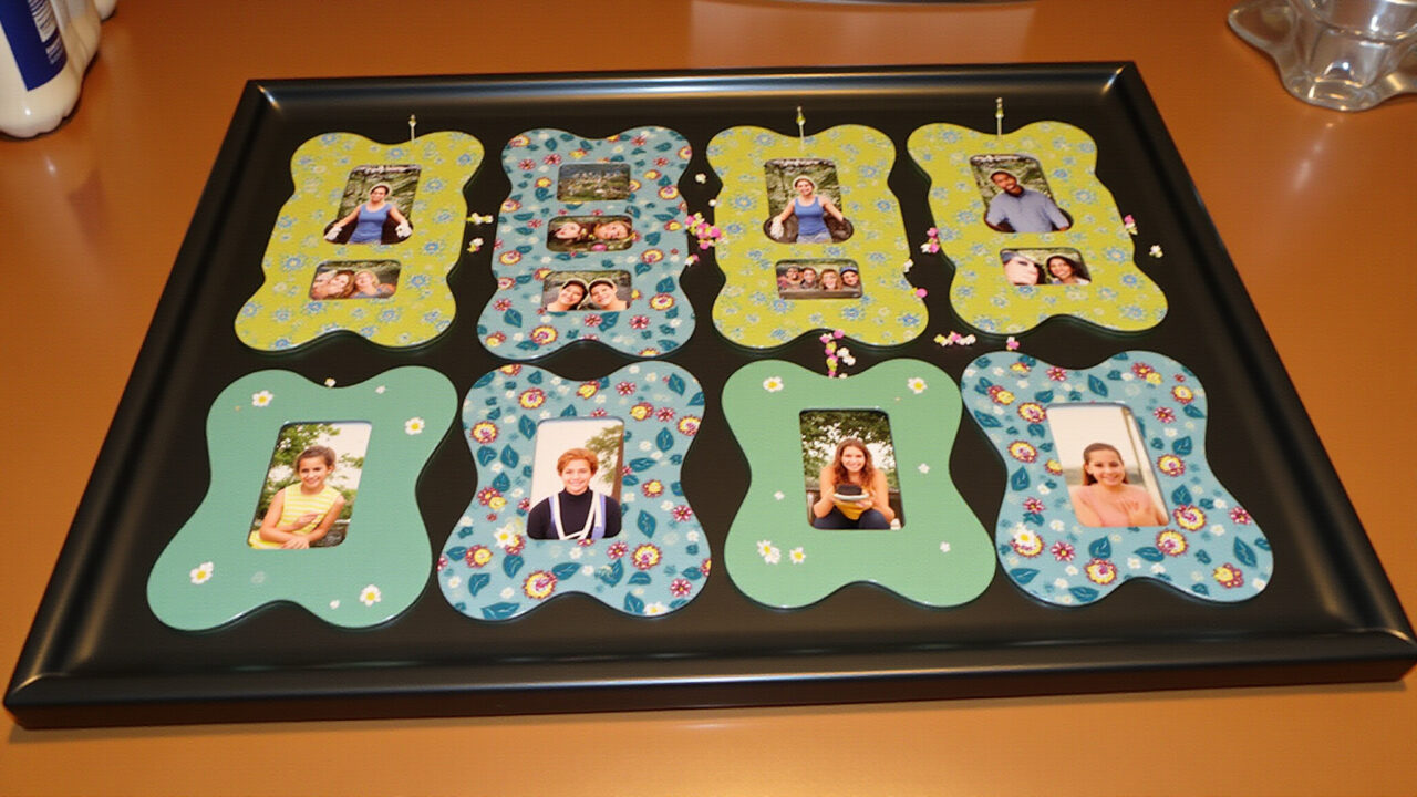 Painel de fotos original com molduras de garrafa PET.