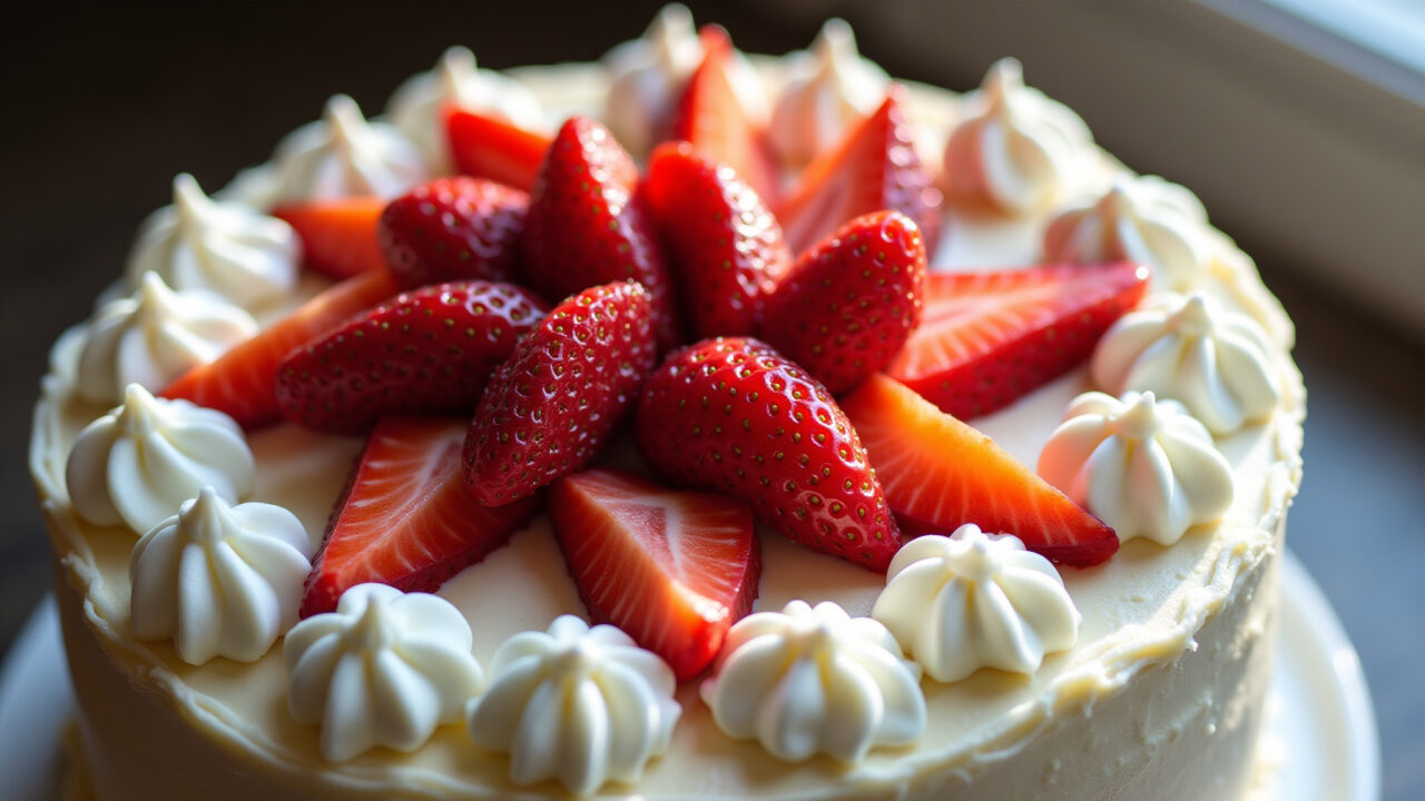 Overhead shot, 8K, professional photography of a chantilly cake with sliced strawberries arranged Bolo de chantilly com morangos frescos.