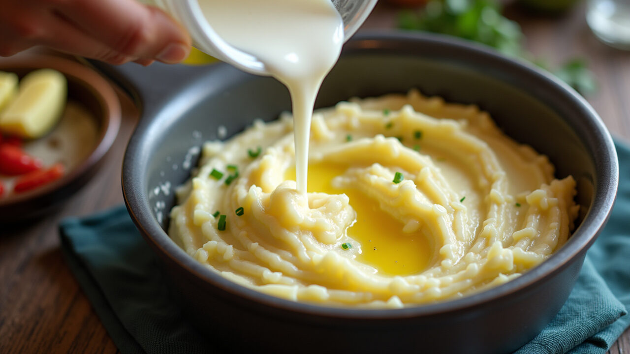 Overhead shot, creamy mashed potatoes with butter and milk being prepared in a colorful Brazilian Preparo de purê cremoso com manteiga.